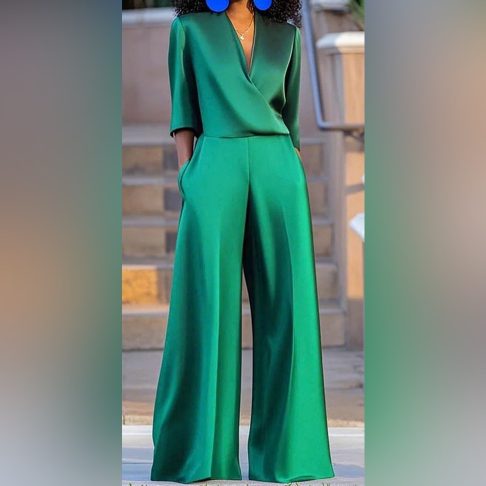 U0OZEE Emerald Green Wide-Leg Satin Jumpsuit